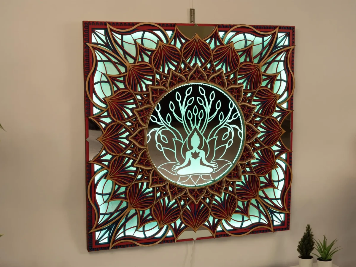 Lotus Mandala LED Duvar Sanatı: Katmanlı Ahşap, Bohem Meditasyon Dekoru