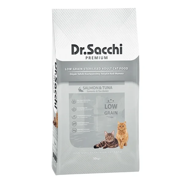 Dr.Sacchi Premium Düşük Tahıllı Somonlu ve Ton Balıklı Kısırlaştırılmış Kedi Maması 10KG