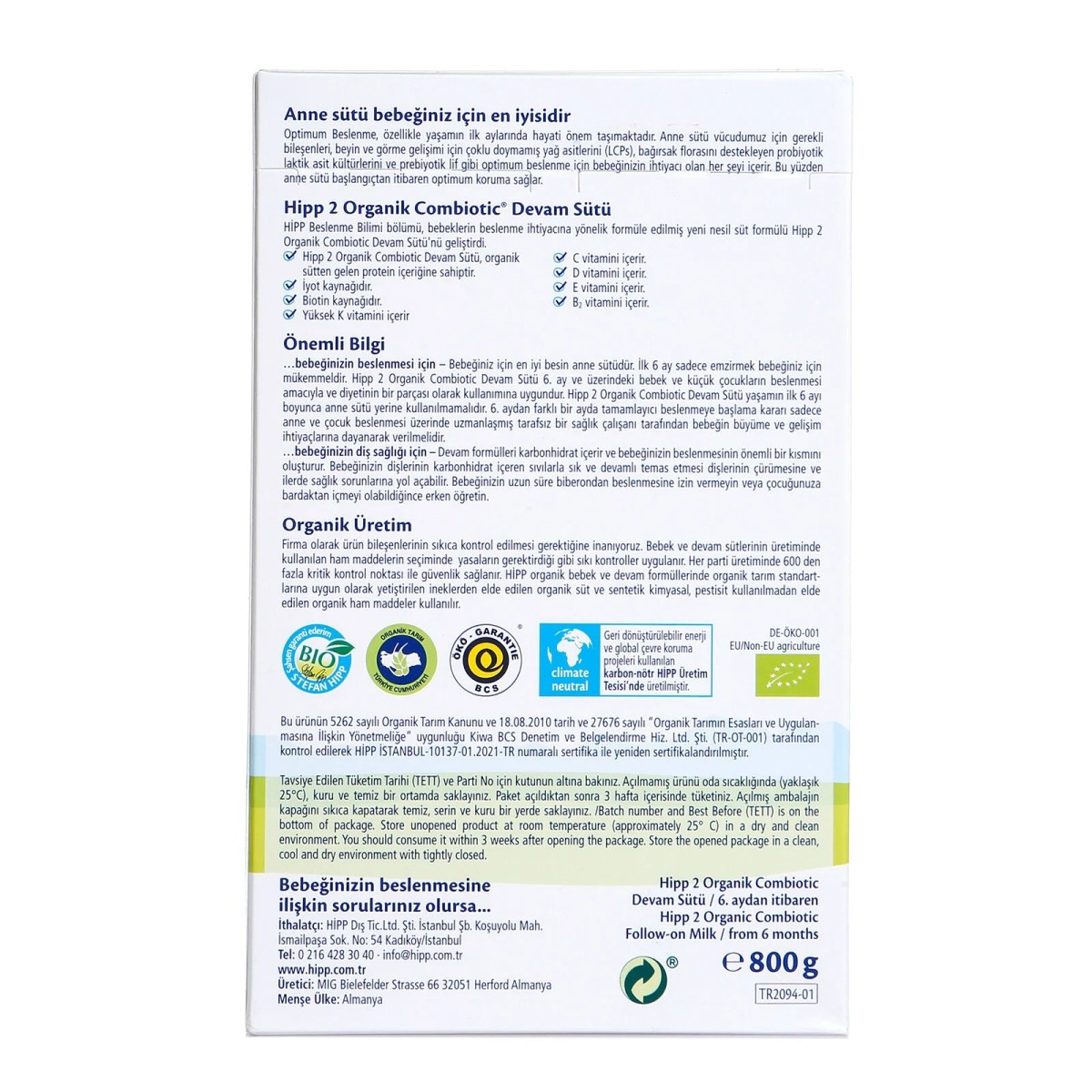 HiPP 2 Organik Combiotic Devam Sütü 800 gr 6-12 Ay