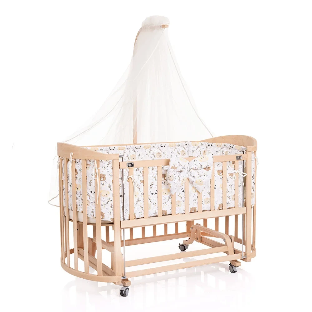 Ahşap Süper Oval Anne Yanı Asansörlü Beşik Naturel 70X140 cm