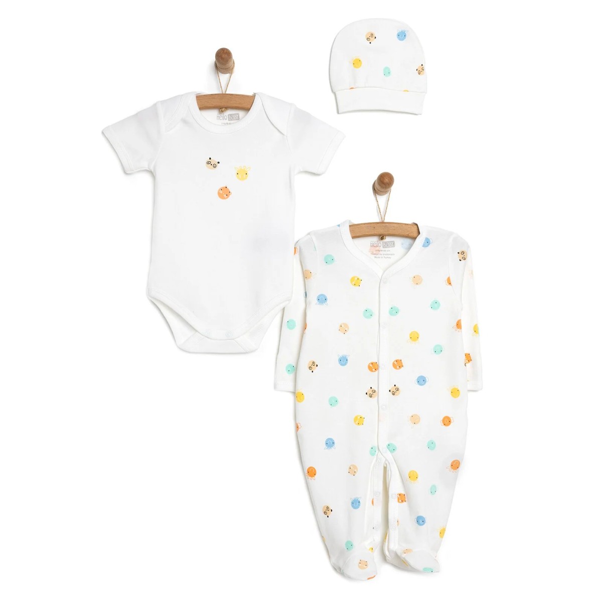 HelloBaby Yenidoğan Unisex Bebek Tulum-Body-Bere 3lü Takım İnterlok Jungle Kendinden Eldivenli Çıtçıtlı Yaka Uzun Kol Ekru