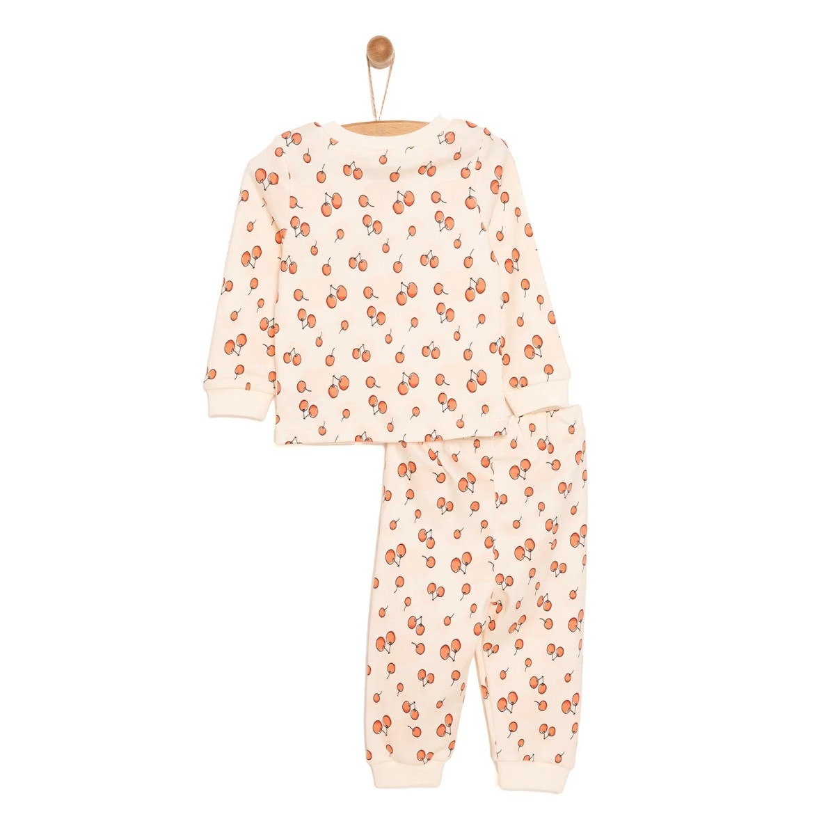 HelloBaby Kız Bebek Pijama Takımı İnterlok Vişne Desenli Çıtçıtlı Bisiklet Yaka Ribanalı Paça Uzun Kol Pembe