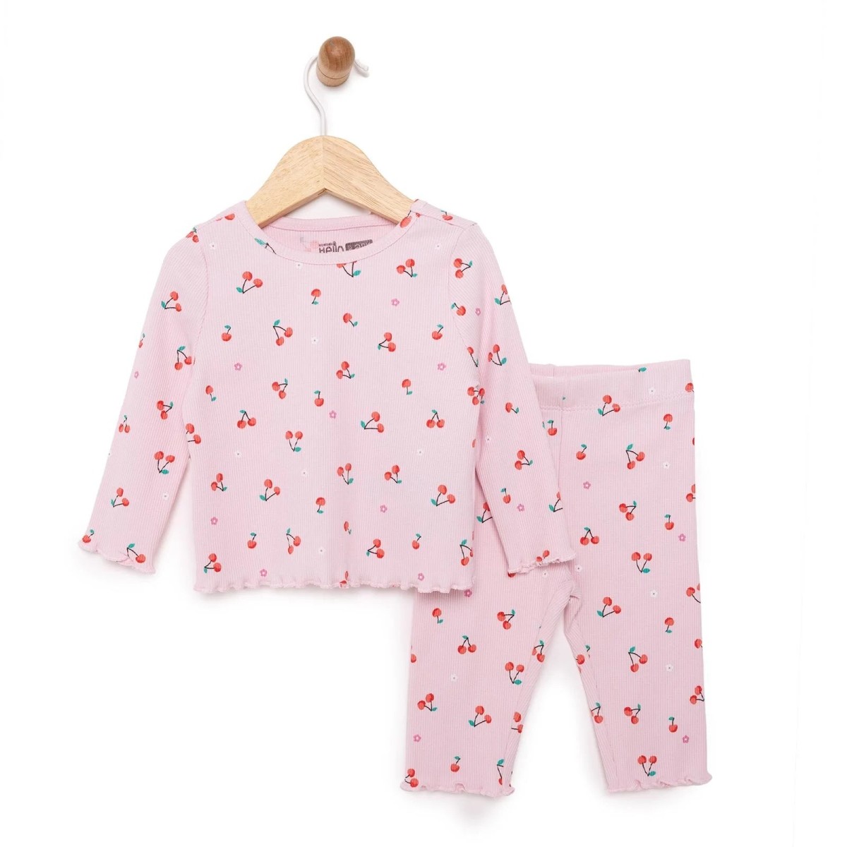 HelloBaby Kız Bebek Pijama Takımı Kiraz Desenli Bisiklet Yaka Reçme Paça Uzun Kol Pembe