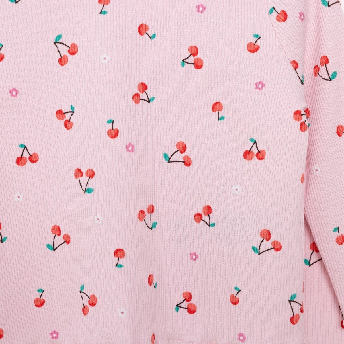 HelloBaby Kız Bebek Pijama Takımı Kiraz Desenli Bisiklet Yaka Reçme Paça Uzun Kol Pembe