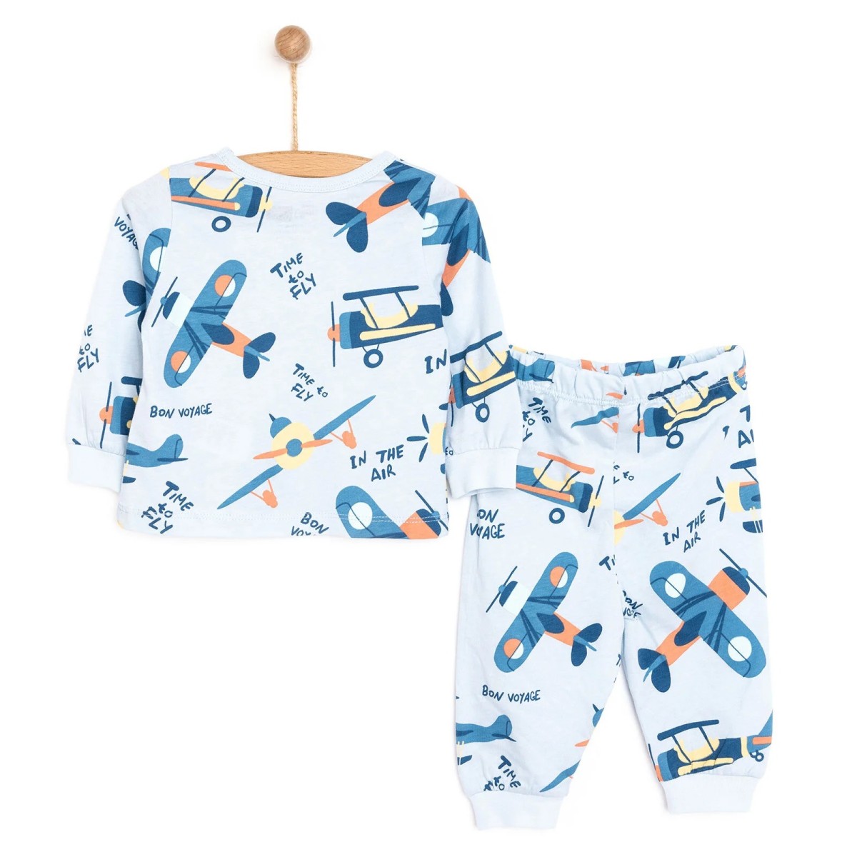 HelloBaby Erkek Bebek Pijama Takımı Uçak Desenli Bisiklet Yaka Reçme Paça Uzun Kol Mavi