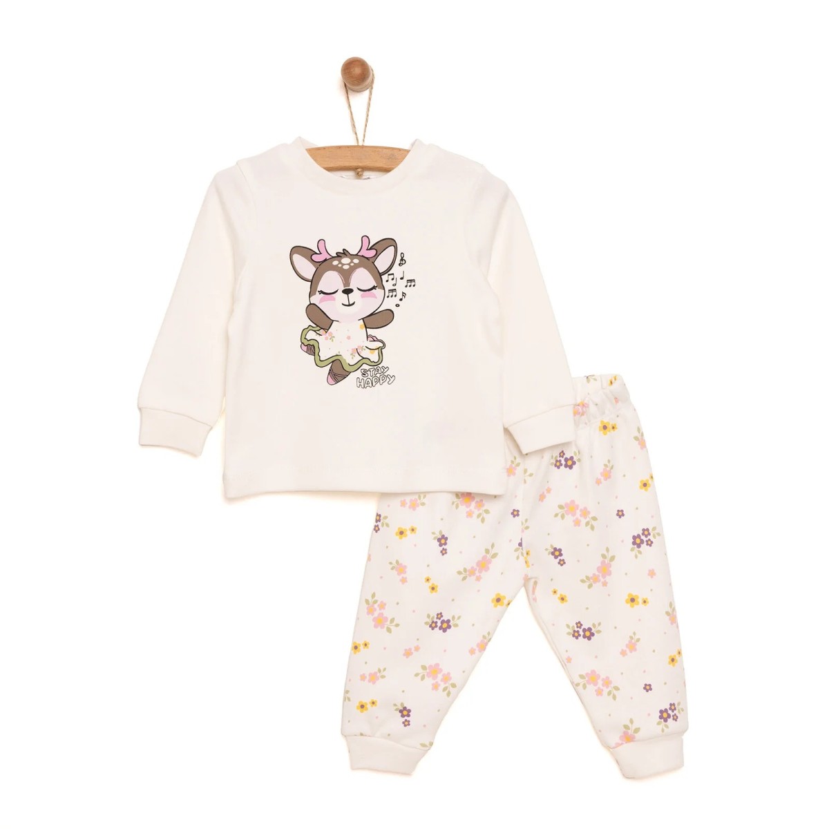 HelloBaby Kız Bebek Pijama Takımı İnterlok Geyik Desenli Bisiklet Yaka Ribanalı Paça Uzun Kol Ekru