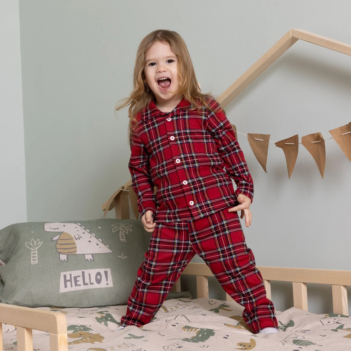 HelloBaby Erkek Bebek Pijama Takımı İnterlok Gömlek Yaka Reçme Paça Uzun Kol Kırmızı