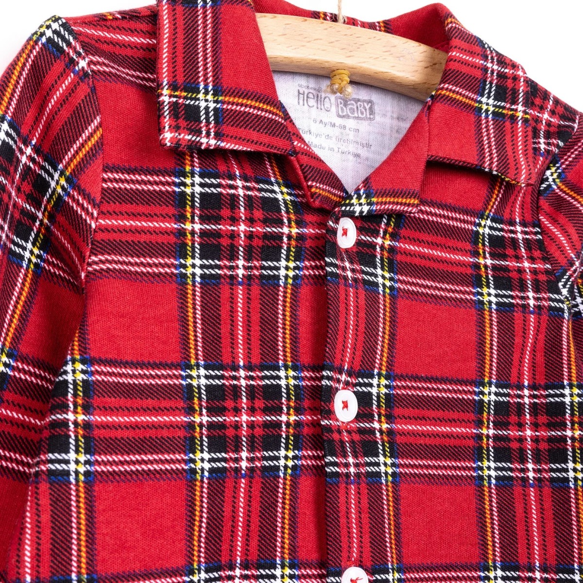 HelloBaby Erkek Bebek Pijama Takımı İnterlok Gömlek Yaka Reçme Paça Uzun Kol Kırmızı
